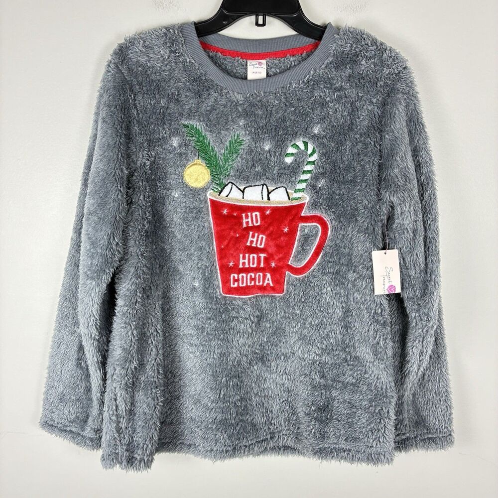 Secret Treasures Christmas Pajama Sweater Top M Gray Fuzzy Furry Hot Cocoa NWT